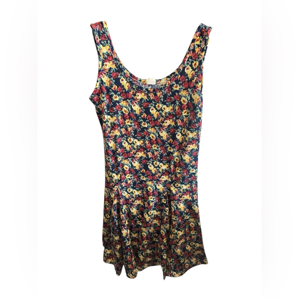 Vintage Jerry Hall Floral Scoop Neck Sleeveless Dress Navy & Red & Yellow Blooms